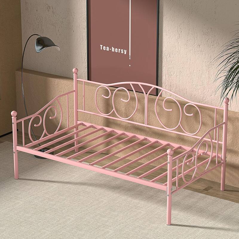 VECELO Metal Twin Size Daybed with Roman Column Legs Scroll Design Heavy Duty 350 lbs Capacity Sofa Bed for Living Room