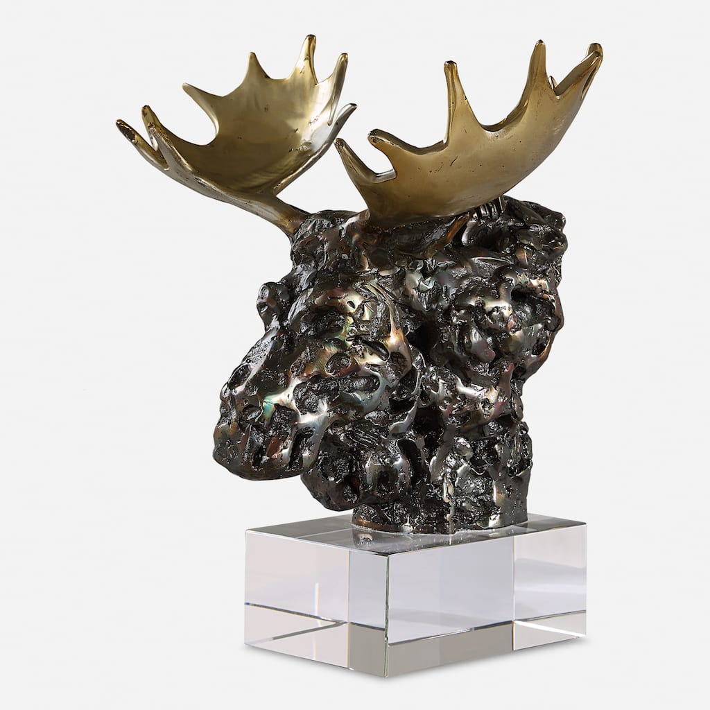 Moose Bust Sculpture with Crystal Base - 12.25" - Bronze and Gold