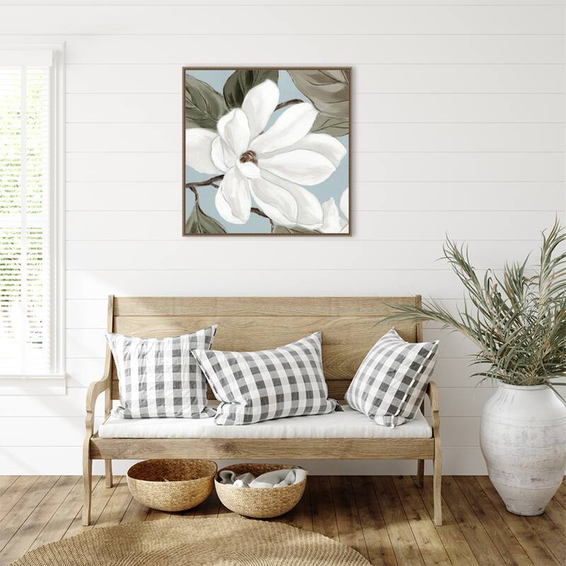 Soft Magnolia Bloom in Gentle Blue by Alex Black (30 x 30 in.), Framed Canvas Wall Art Print