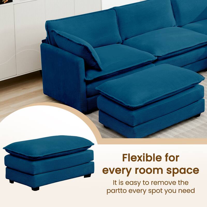 7-Seater Corduroy Sectional Sofa with 2 Removable Ottomans & Corner Seat, Soft & Comfortable - 5 Seats with 2 Ottoman