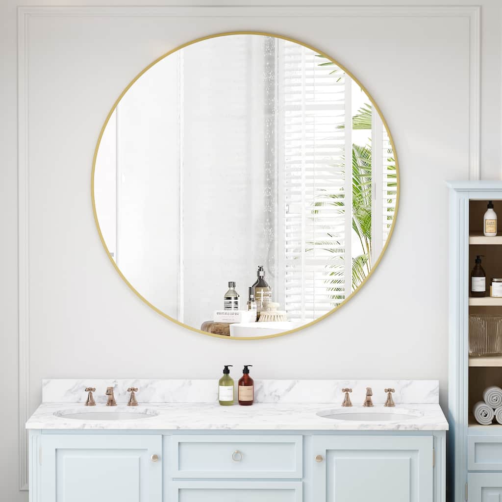 42" Wall Mounted Glod Round Metal Framed Mirror - 41.73 inches L x 41.73 inches W x 1 inches H