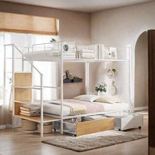 Stylish Twin Over Full Metal Bunk Bed with Drawer, Lateral Storage Ladder and Wardrobe, Top Bunk with Wire Shelving