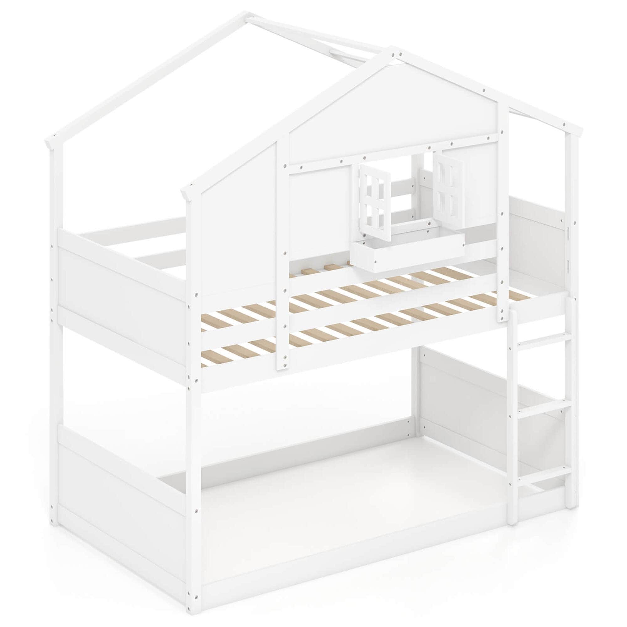 Wood House Bed Bunk Bed Twin Over Twin Floor Bunk Bed for Kids w/ Roof