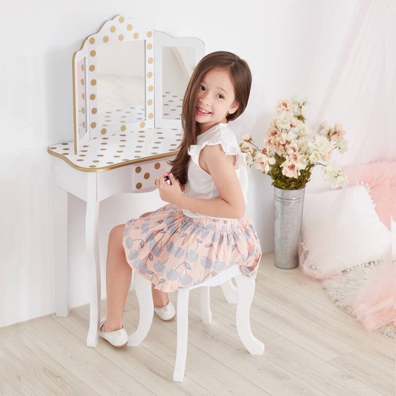 Teamson Kids Gisele Polka Dot Kids Vanity Table & Stool, White & Gold - 23.5" L x 11.73" W x 39.25" H