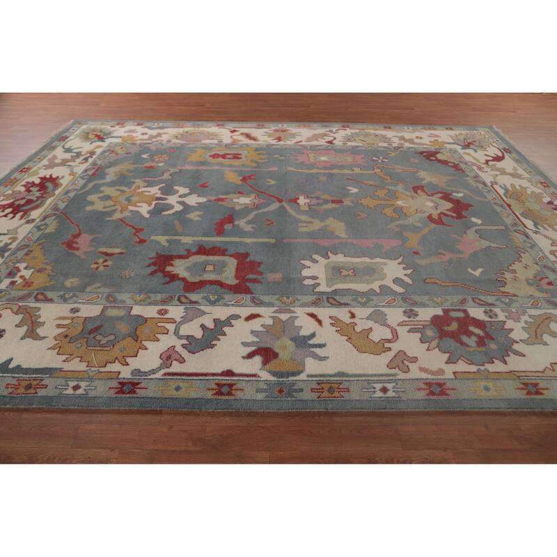 Floral Blue Oushak Area Rug Handmade Wool Carpet - 9'3"x 11'10"