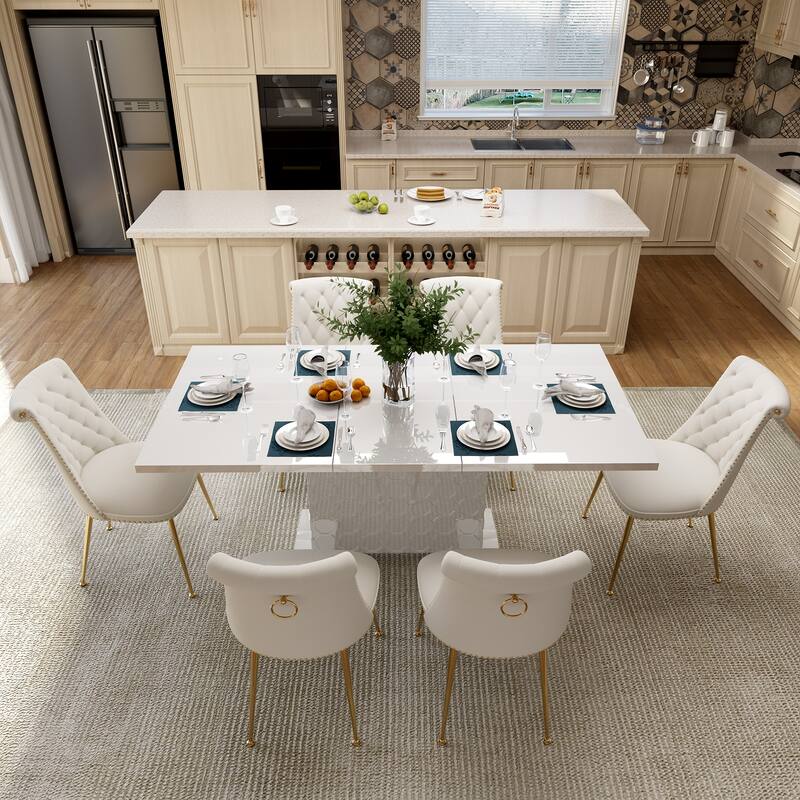 7-Piece Clihome High-gloss Extendable Table Velvet Chair Dining Set