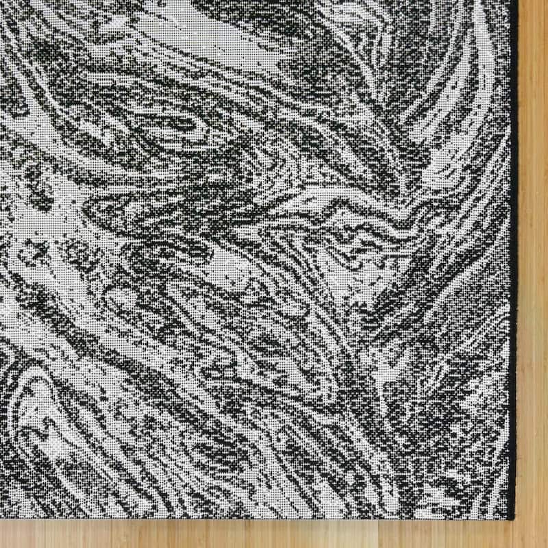 Gertmenian Paseo Casal Black Modern Abstract Marble Flatweave Indoor/Outdoor Area Rug