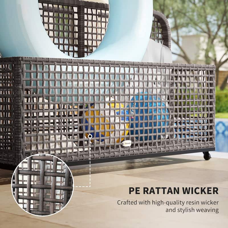 Light Grey Rattan Mobile Two-Section Storage Basket with Steel Frame for Indoor or Outdoor - 43.25" L x 22.5" W x 28" H
