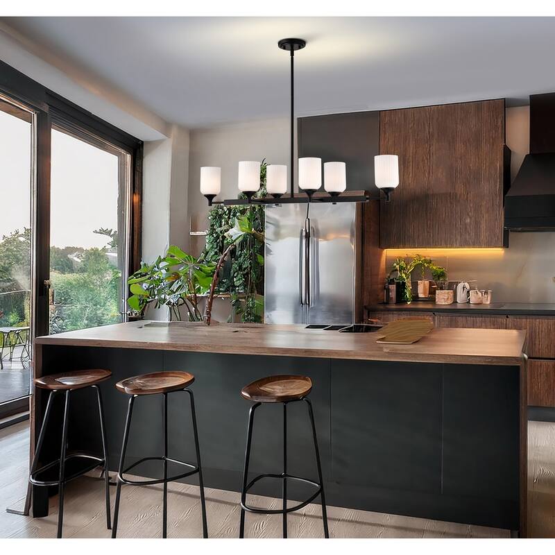 Solara 6 Light Island Pendant Matte Black Finish Frosted Ribbed Glass - Matte Black