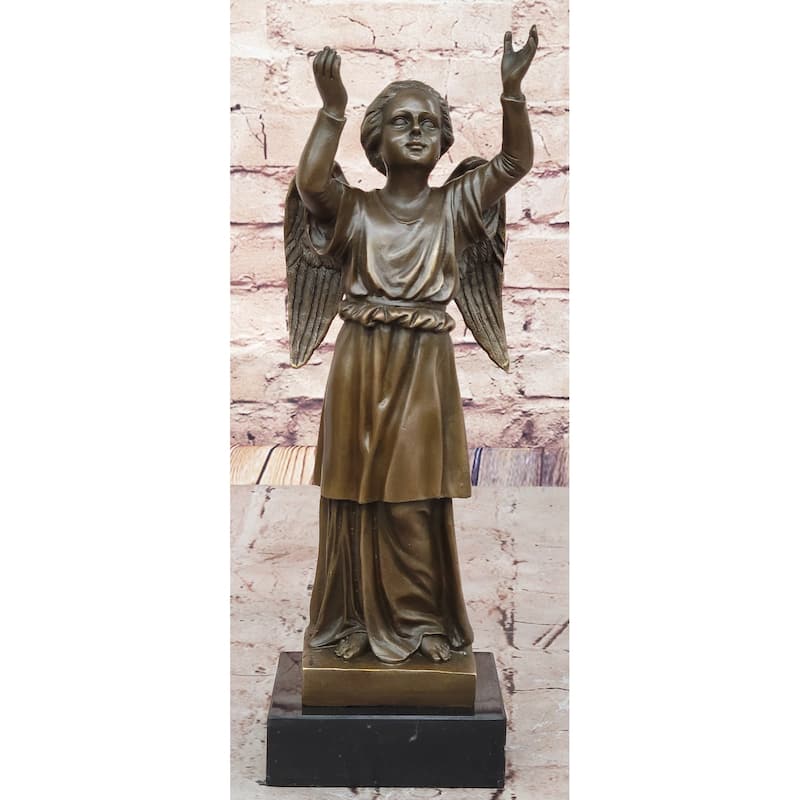 Bronze Child Angel Statue With Upraised Arms – Spiritual Décor On Marble Base
