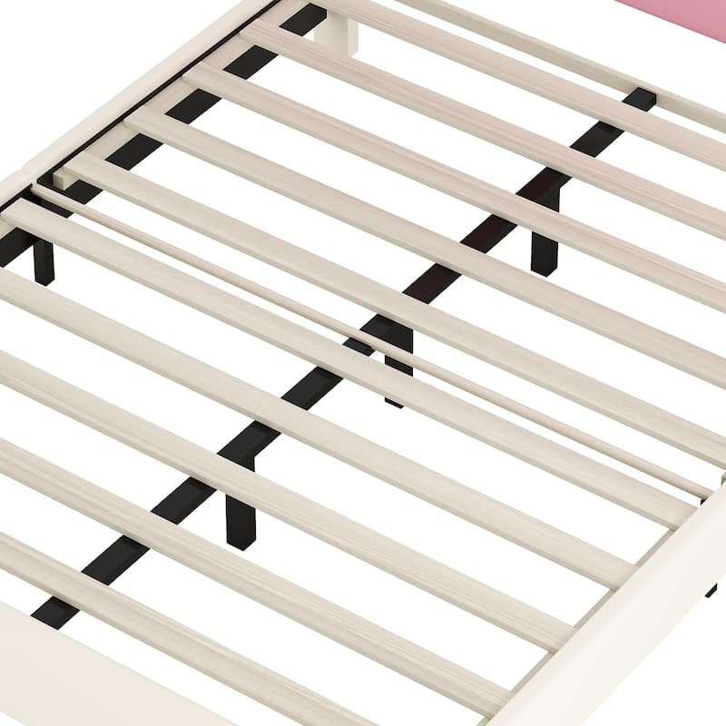 Full Size Upholstered Princess Bed with Crown Headboard and Footboard in Cream and Pink