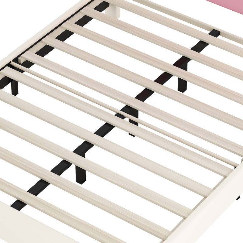 Twin/Full Size Upholstered Princess Bed with Crown Headboard, Modern PU Leather Platform Bed Frame, Wooden Slats Support