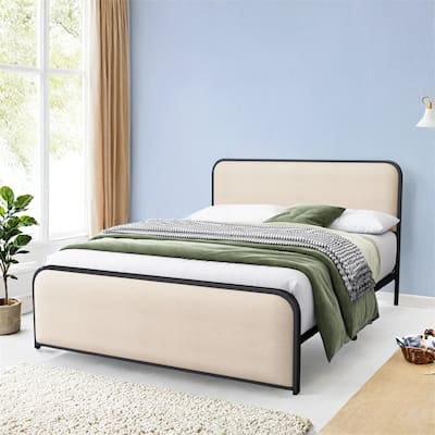 Modern Metal Bed Frame w/Curved Upholstered Headboard & Footboard Bed