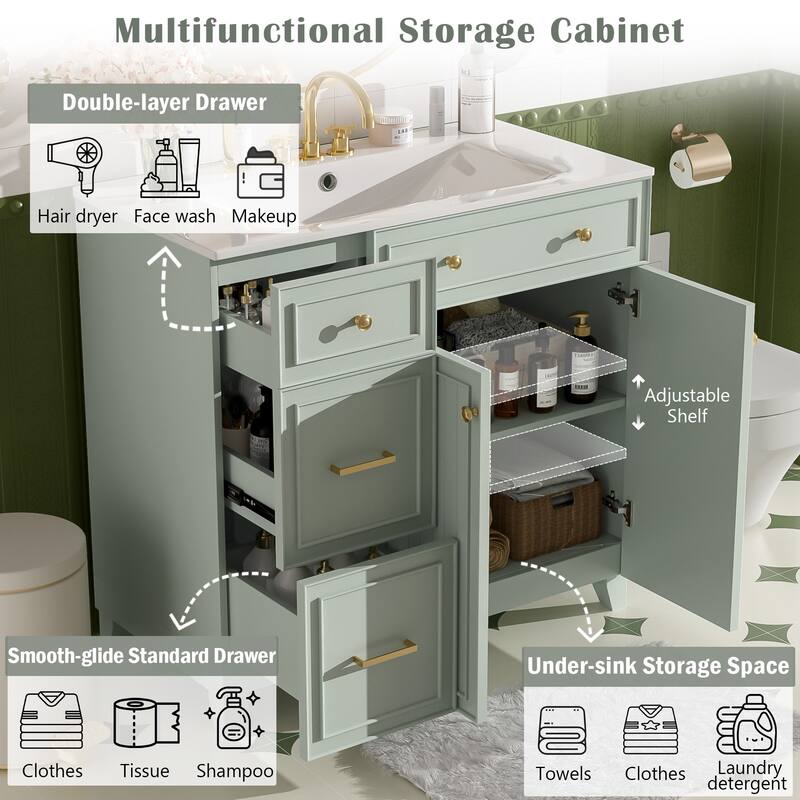 36" Bathroom Vanity with Ceramic Sink, Soft Close Doors, Double-Layer Drawers, Adjustable Shelf, Modern Storage Cabinet