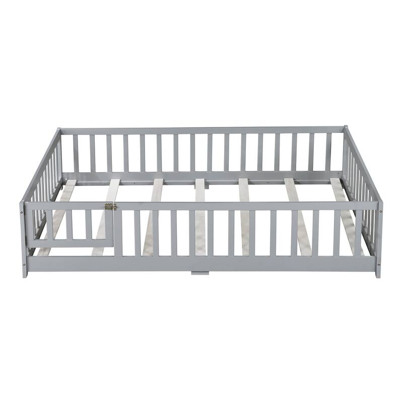 Toddler Floor Bed with Fence and Door, Montessori Platform Floorbed with Safety Guardrails for Children Boys Girls Kids Playroom