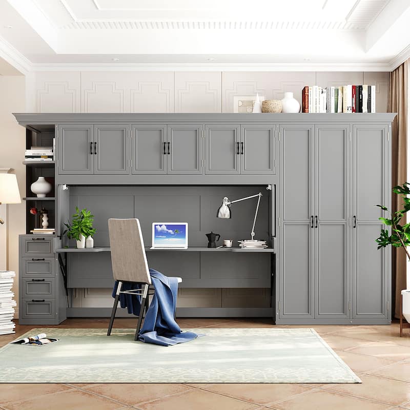 Versatile Twin Size Murphy Bed Fold-down Storage Wall Bed with Temporary Desk, Top Cabinets, Side Wardrobe, Drawers and Shelves - Grey - Twin