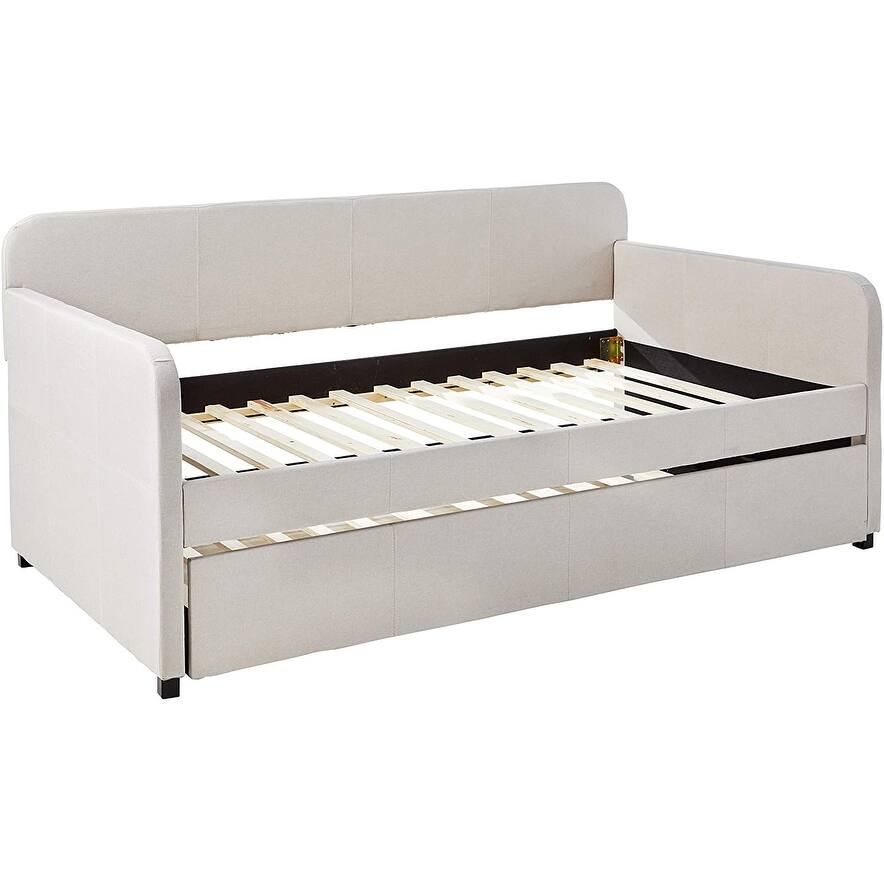 Beige Daybed and Trundle with Rolling Wheels in Fog Fabric ...