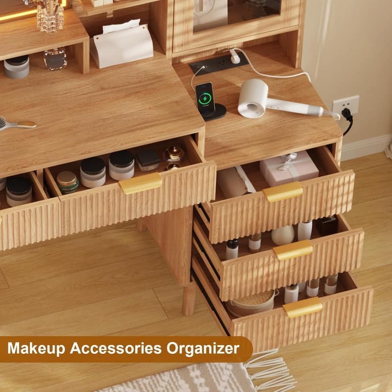 Makeup Vanity Desk with Lighted Mirror, 5 Drawers, Storage Shelves, Power Outlets
