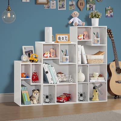 4 Colors Available Ladder Wooden Bookshelf L Shaped Freestanding 15 Cubes Stepped Etagere Bookcase Corner Display Bookshelf