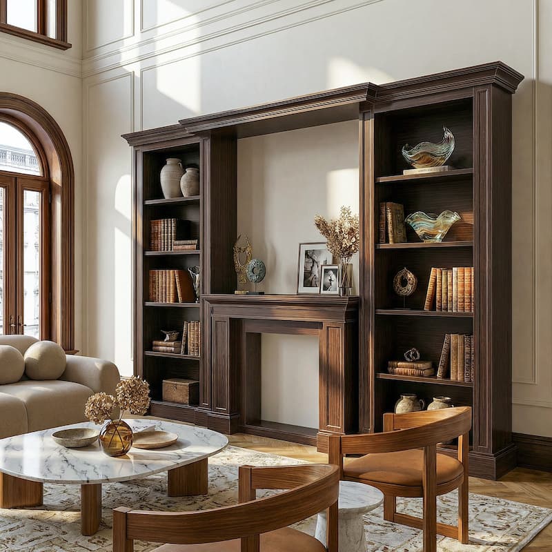Electric Fireplace Mantel with Bookshelves, 115.5" Entertainment Center with Built-in Shelving - DarkBrown TV Stand Only