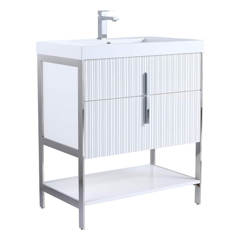 Fine Fixtures Serenity Modern Bathroom Vanity with White Gel Acrylic Top - White Matte - Chrome Hardware - 30 inch