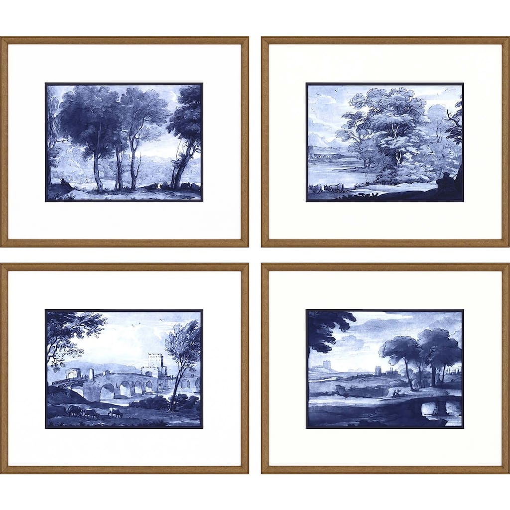 Pastoral Toile S/4 Framed Art Giclee Under Glass - Blue