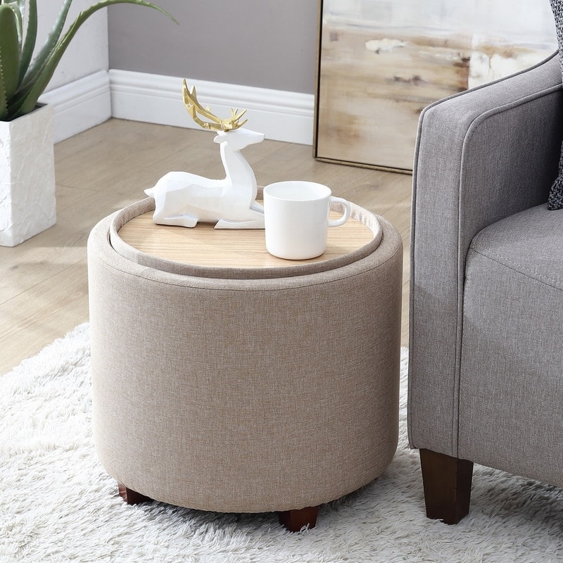 Ornavo Home Lawrence Round Storage Ottoman with Lift Off Lid and Tray Lid Coffee Table - Linen Beige