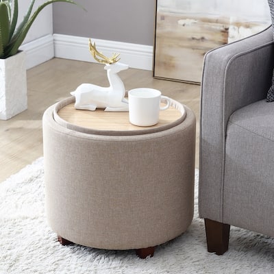 Ornavo Home Lawrence Round Storage Ottoman with Lift Off Lid and Tray Lid Coffee Table