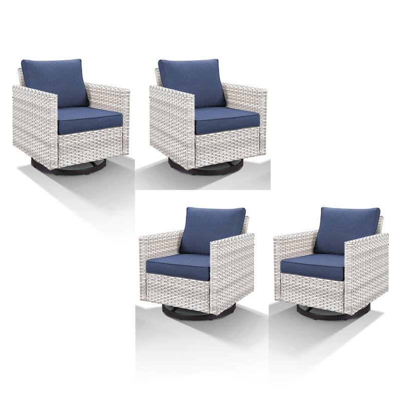 Pocassy Patio Swivel Chair with Soft Cushion - Light Beige Wicker Blue Cushion - 4PCS Swivel Chairs