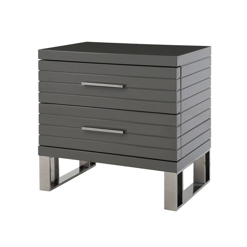 28 Inch Nightstand, 2 Drawers with Metal Handles, Slatted Design, Gray