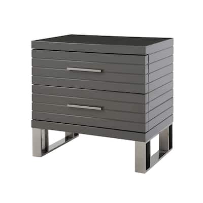 28 Inch Nightstand, 2 Drawers with Metal Handles, Slatted Design, Gray