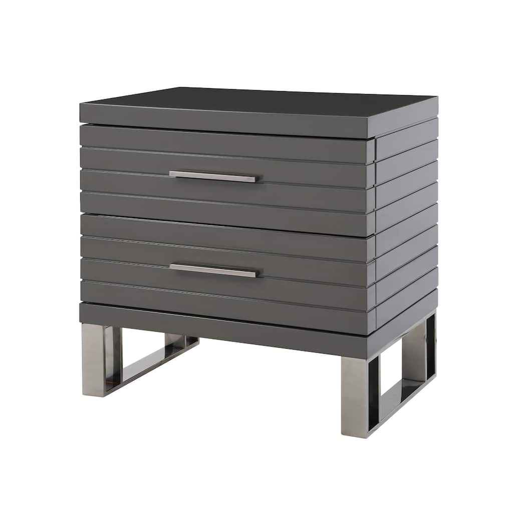 28 Inch Nightstand, 2 Drawers with Metal Handles, Slatted Design, Gray