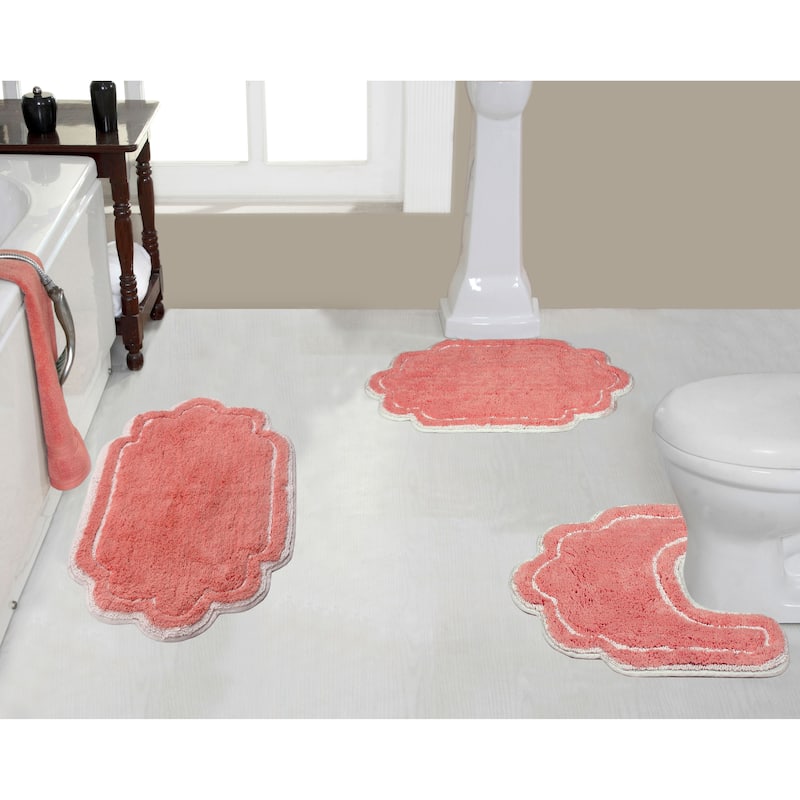 Allure Collection 100% Cotton Non-Slip Bathroom Rug Set, 3 Piece Machine Washable- Bathroom Rug, Bath Rug, U Shaped Contour - Coral