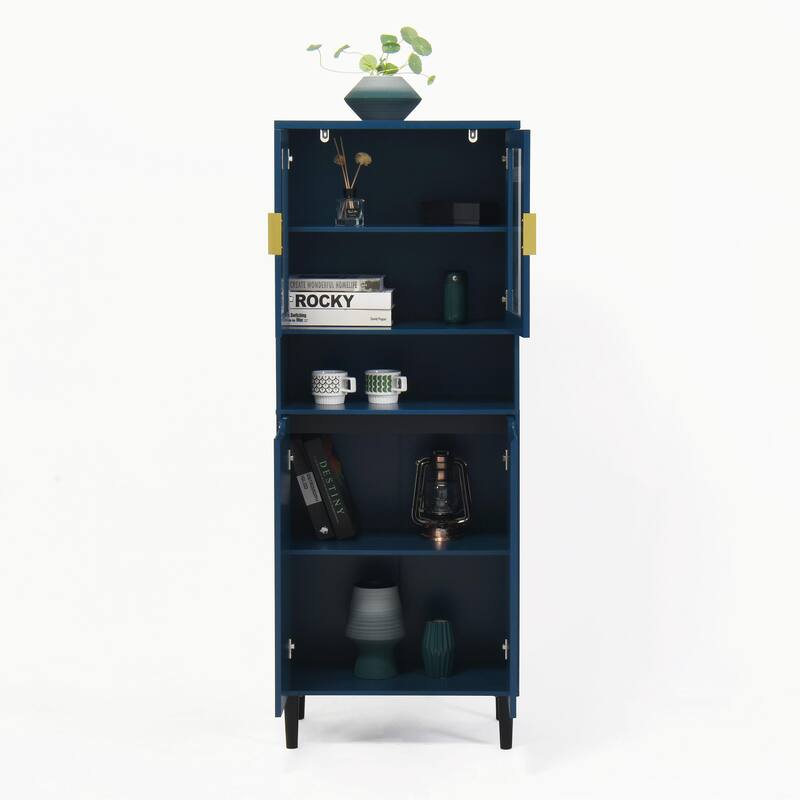 Tall Kitchen Pantry Cabinet with 2 Glass Display Doors & 2 Solid Doors