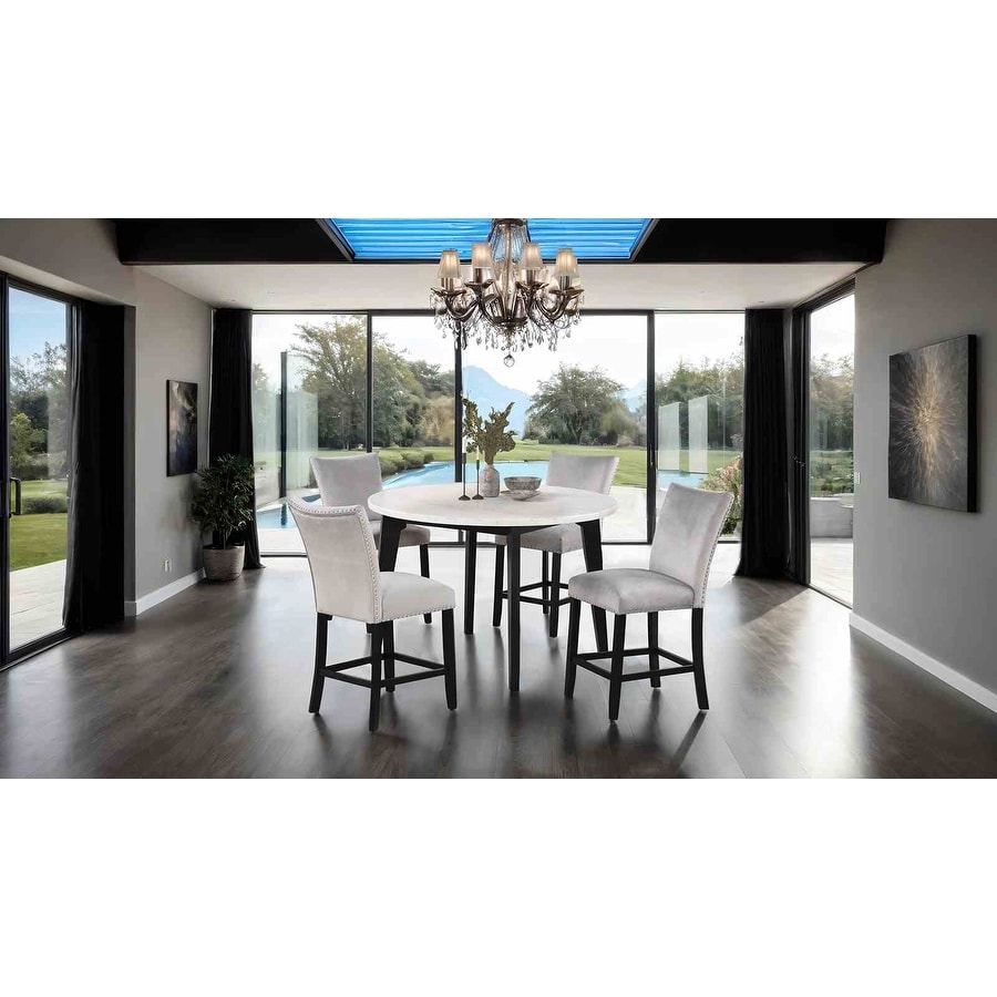 5PC Round Counter Height Set Black Finish Marble Top Table and Chairs