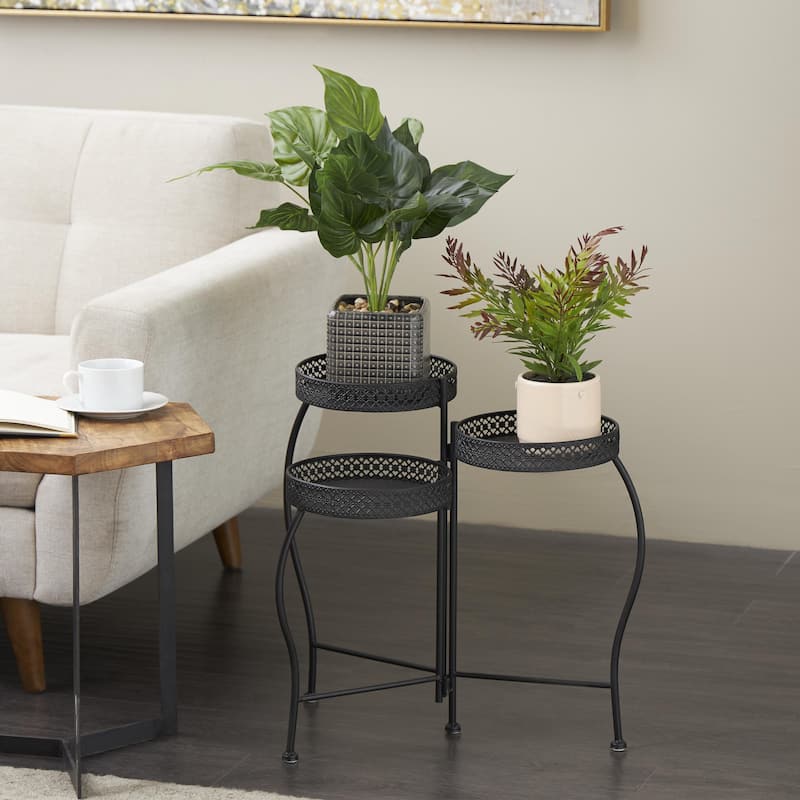 Metal Curved Folding 3 Tier Indoor Outdoor Plantstand with Floral and Scroll Patterns - Gold, Black, Silver - Roche River Decor