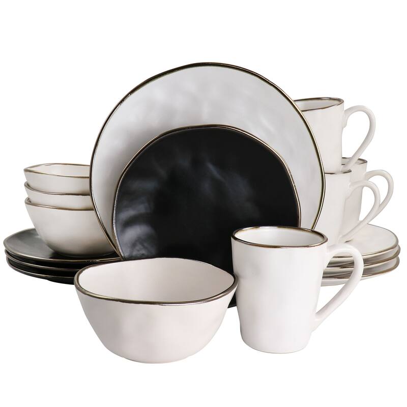 Elama Roman 16 Piece Stoneware Dinnerware Set in Assorted Matte with Gold Rim - 16 Piece Set