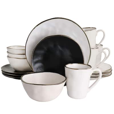 Elama Roman 16 Piece Stoneware Dinnerware Set in Assorted Matte with Gold Rim - 16 Piece Set