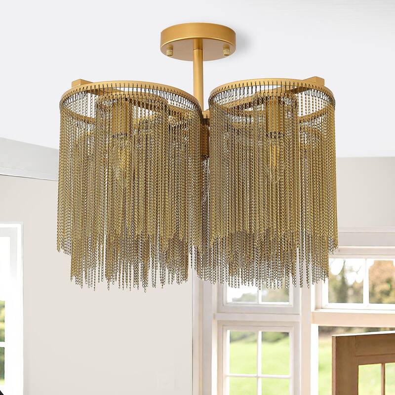 5-Light Glam Gold Fringe Semi Flush Mount Light - Brushed Gold