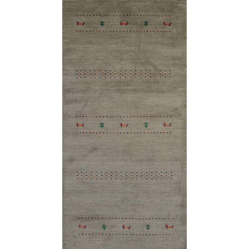 Hand Knotted Oriental 100% Wool Carpet Tribal Animal Pictorial Green Gabbeh Runner Rug - 6' 6'' X 2' 9''