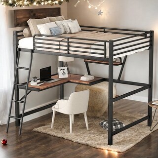 Full Size Loft Metal & MDF Bed with Built-in Desk and Shelf, Black