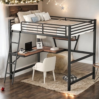 Industrial Modern Full Size Loft Metal & MDF Bed with Built-in Desk and Shelf, Sturdy Construction & Safety Guaranteed, Black
