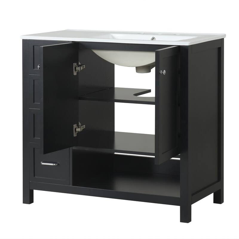 36" Bathroom Wood Storage Vanity Cabinet with Ceramic Sink, Open Shelf