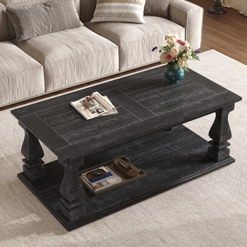 Farmhouse Coffee Table, Crafted with Heavy Planked Top & Square Baluster Legs - Black