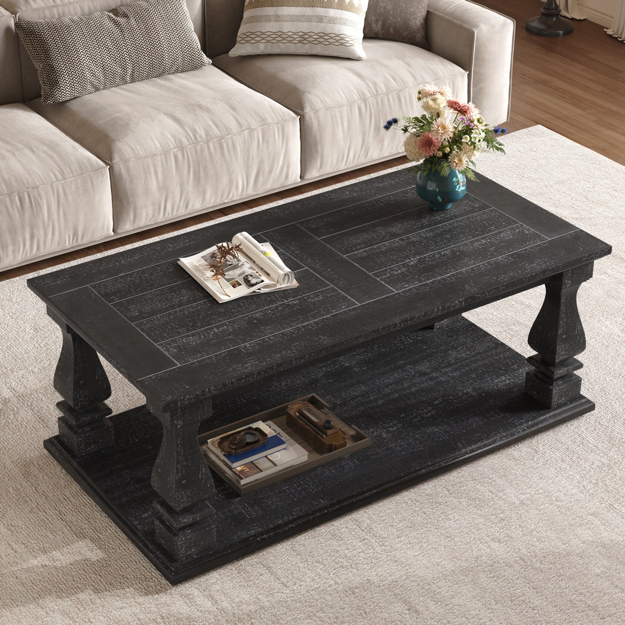 Farmhouse Coffee Table, Crafted with Heavy Planked Top & Square