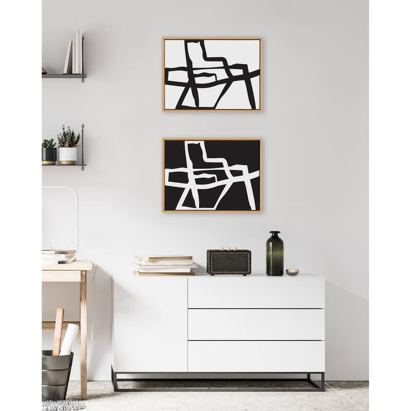 Kate and Laurel Sylvie Bold Sophisticated Abstract Black and White Stroke Framed Canvas Art Set by The Creative Bunch Studio