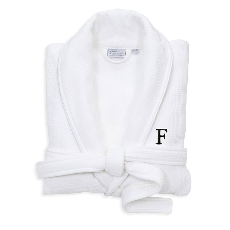 Authentic Hotel and Spa White Unisex Turkish Cotton Waffle Weave Terry Bath Robe with Black Block Monogram - S/M - F