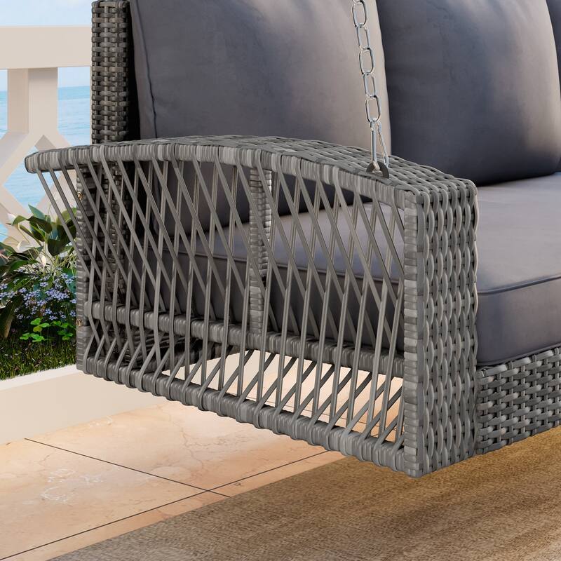 Wicker 3-Person Porch Swing with Chains, Large Patio Swing Bench with Cushions for Backyard, Garden, and Poolside