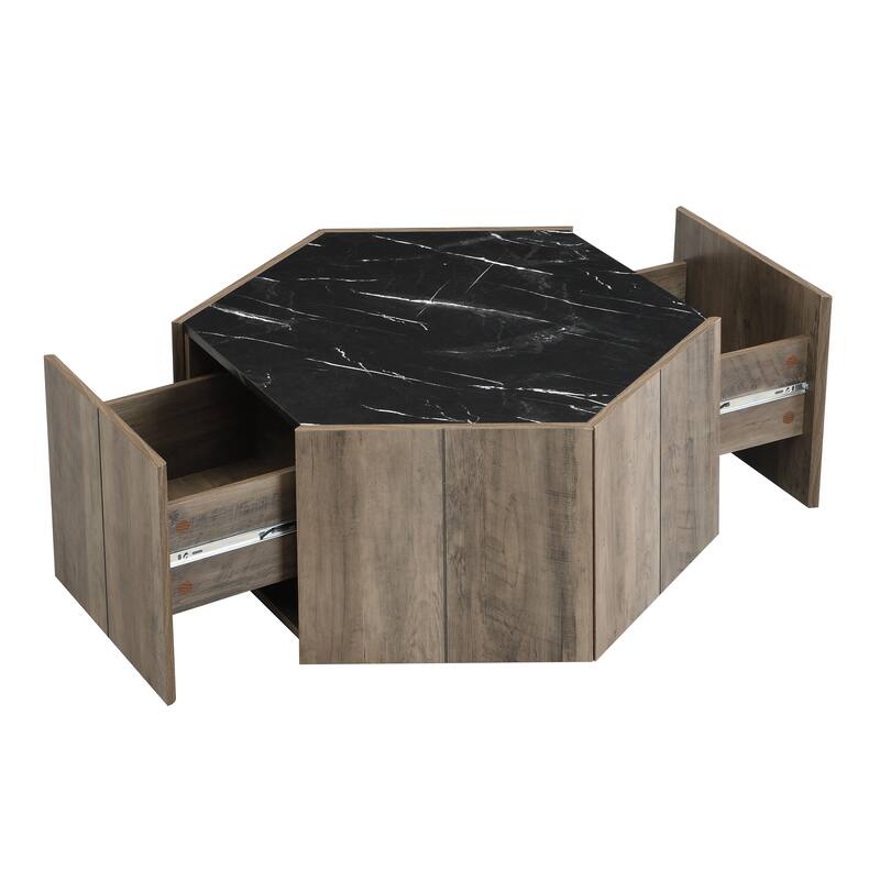 Hexagonal Rustic Retro Wood Coffee Table, with 2 Hidden Drawers, Textured White Marble Tops,Walunt Oak Finish - Perfect