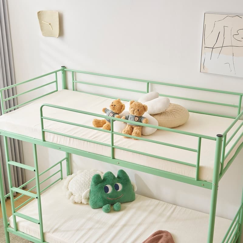 Iron Bed Bunk Bed with Ladder for Kids Twin Size White